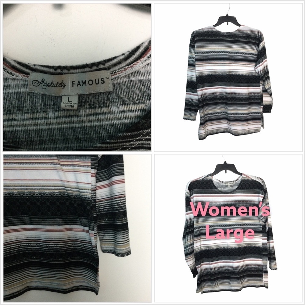 Women’s Absolutely Famous L Large 12 - 14 Sweater Tunic Stripe Black Tan EUC - Picture 1 of 6